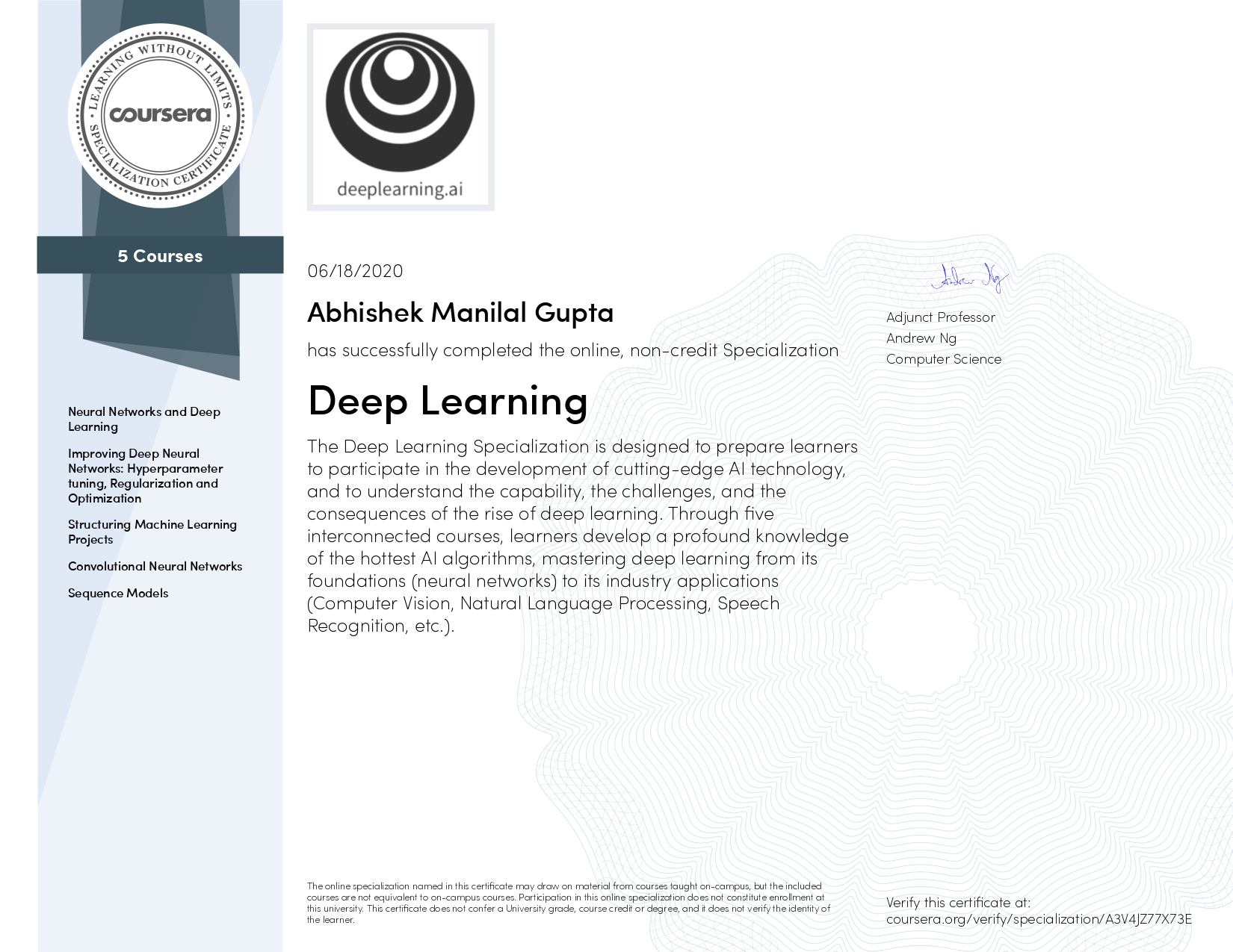 Deep Learning Specialization Course Certificate